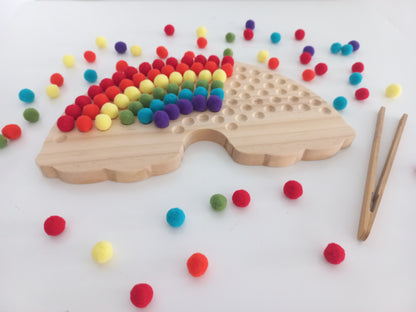 Wooden Rainbow Board with Pom Poms