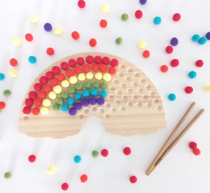 Wooden Rainbow Board with Pom Poms