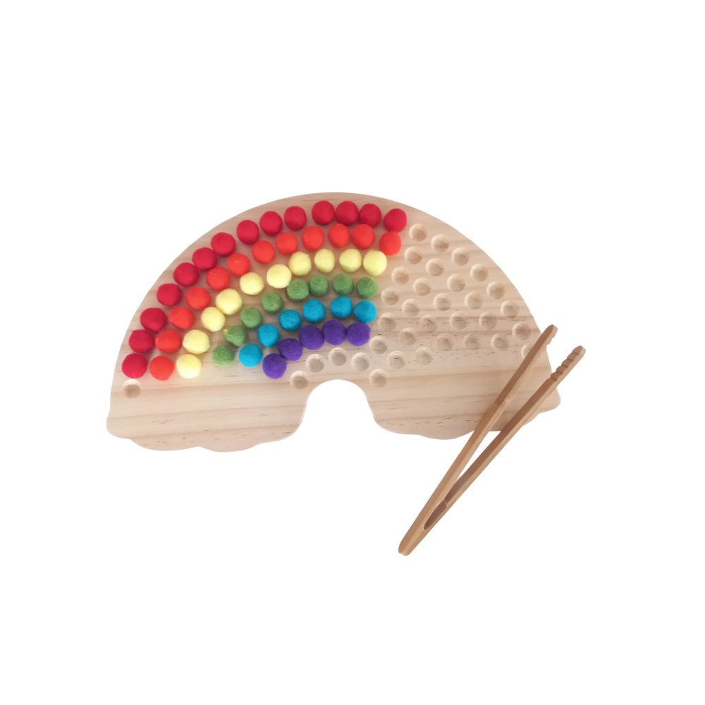 Wooden Rainbow Board with Pom Poms